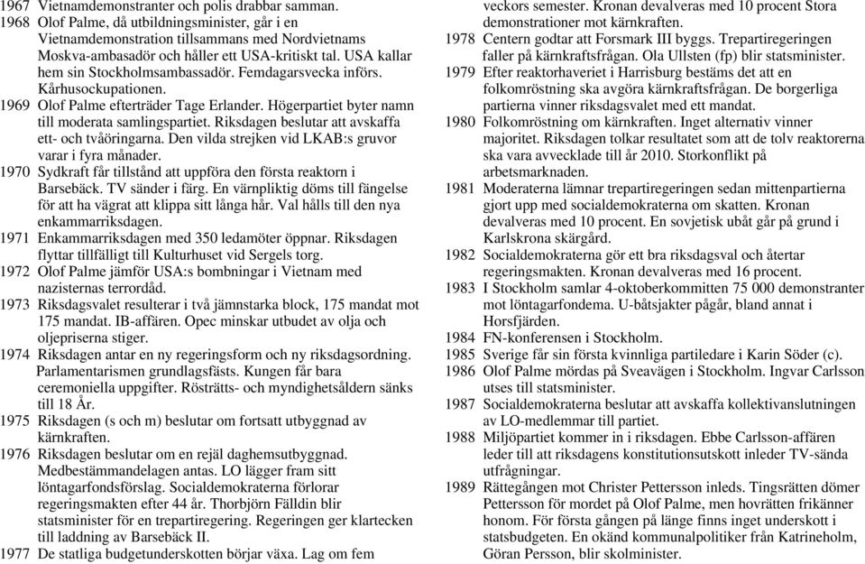 Femdagarsvecka införs. Kårhusockupationen. 1969 Olof Palme efterträder Tage Erlander. Högerpartiet byter namn till moderata samlingspartiet. Riksdagen beslutar att avskaffa ett- och tvåöringarna.