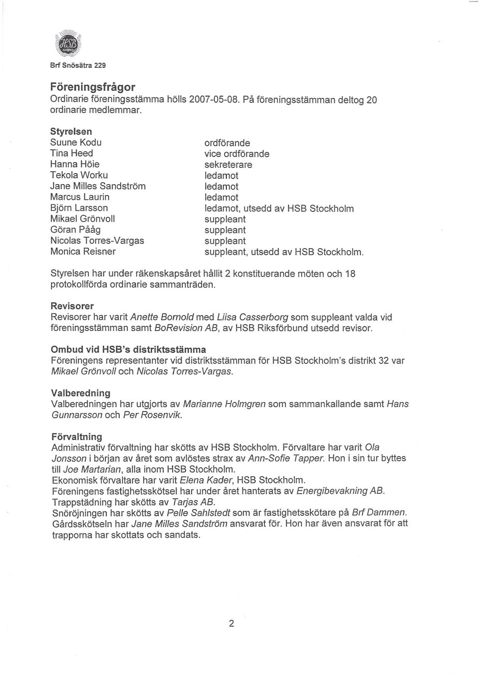 ordförande vice ordförande sekreterare ledamot ledamot ledamot ledamot, utsedd av HSB Stockholm suppleant suppleant suppleant suppleant, utsedd av HSB Stockholm.