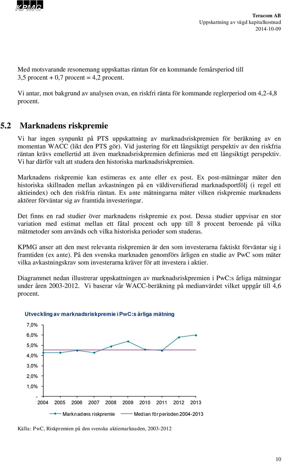 2 Marknadens riskpremie Vi har ingen synpunkt på PTS uppskattning av marknadsriskpremien för beräkning av en momentan WACC (likt den PTS gör).