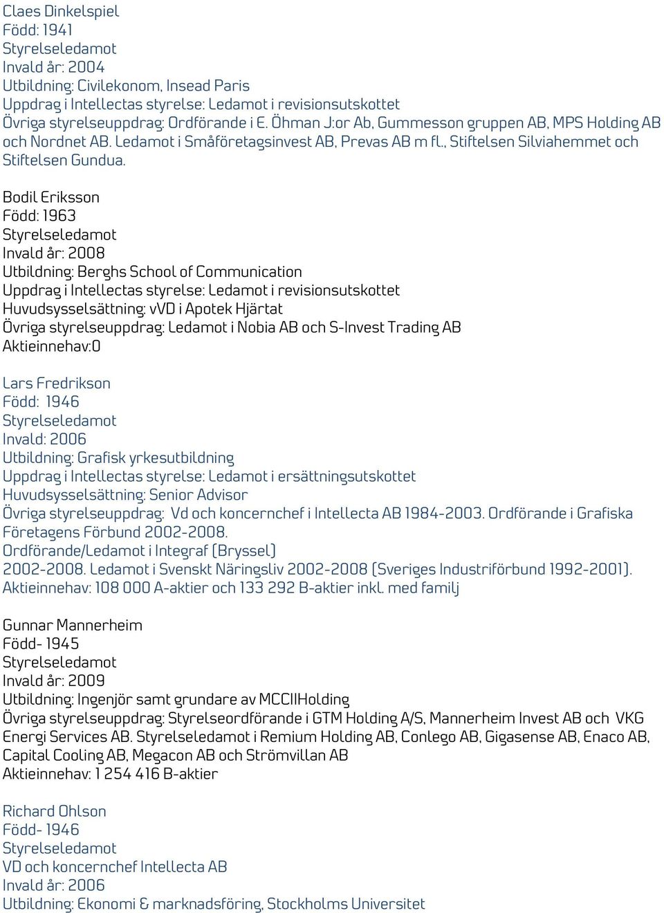 Bodil Eriksson Född: 1963 Styrelseledamot Invald år: 2008 Utbildning: Berghs School of Communication Uppdrag i Intellectas styrelse: Ledamot i revisionsutskottet Huvudsysselsättning: vvd i Apotek