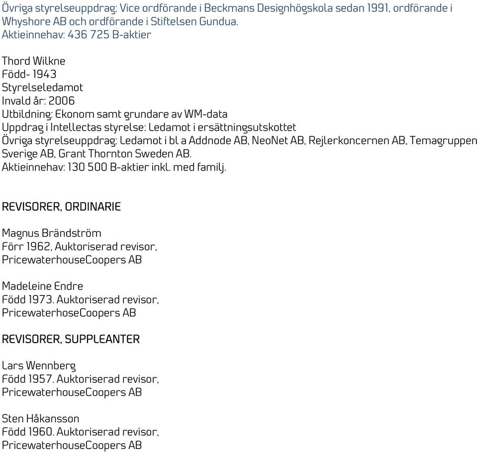 Övriga styrelseuppdrag: Ledamot i bl a Addnode AB, NeoNet AB, Rejlerkoncernen AB, Temagruppen Sverige AB, Grant Thornton Sweden AB. Aktieinnehav: 130 500 B-aktier inkl. med familj.