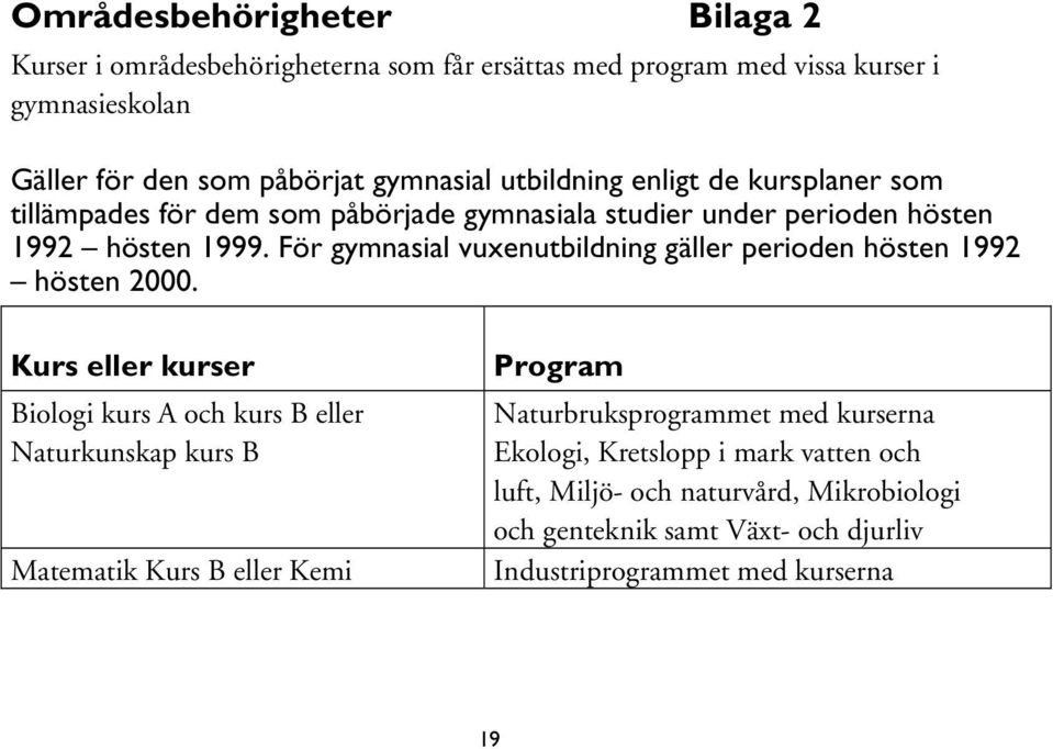 För gymnasial vuxenutbildning gäller perioden hösten 1992 hösten 2000.