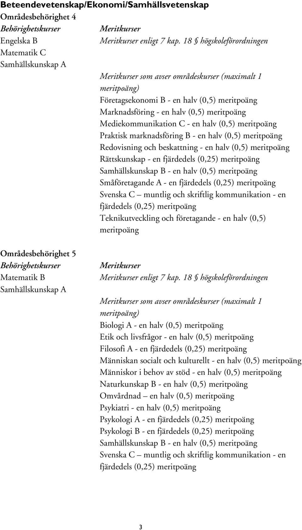 Samhällskunskap B - en halv (0,5) meritpoäng Småföretagande A - en Teknikutveckling och företagande - en halv (0,5) meritpoäng Områdesbehörighet 5 Behörighetskurser Matematik B Meritkurser Biologi A