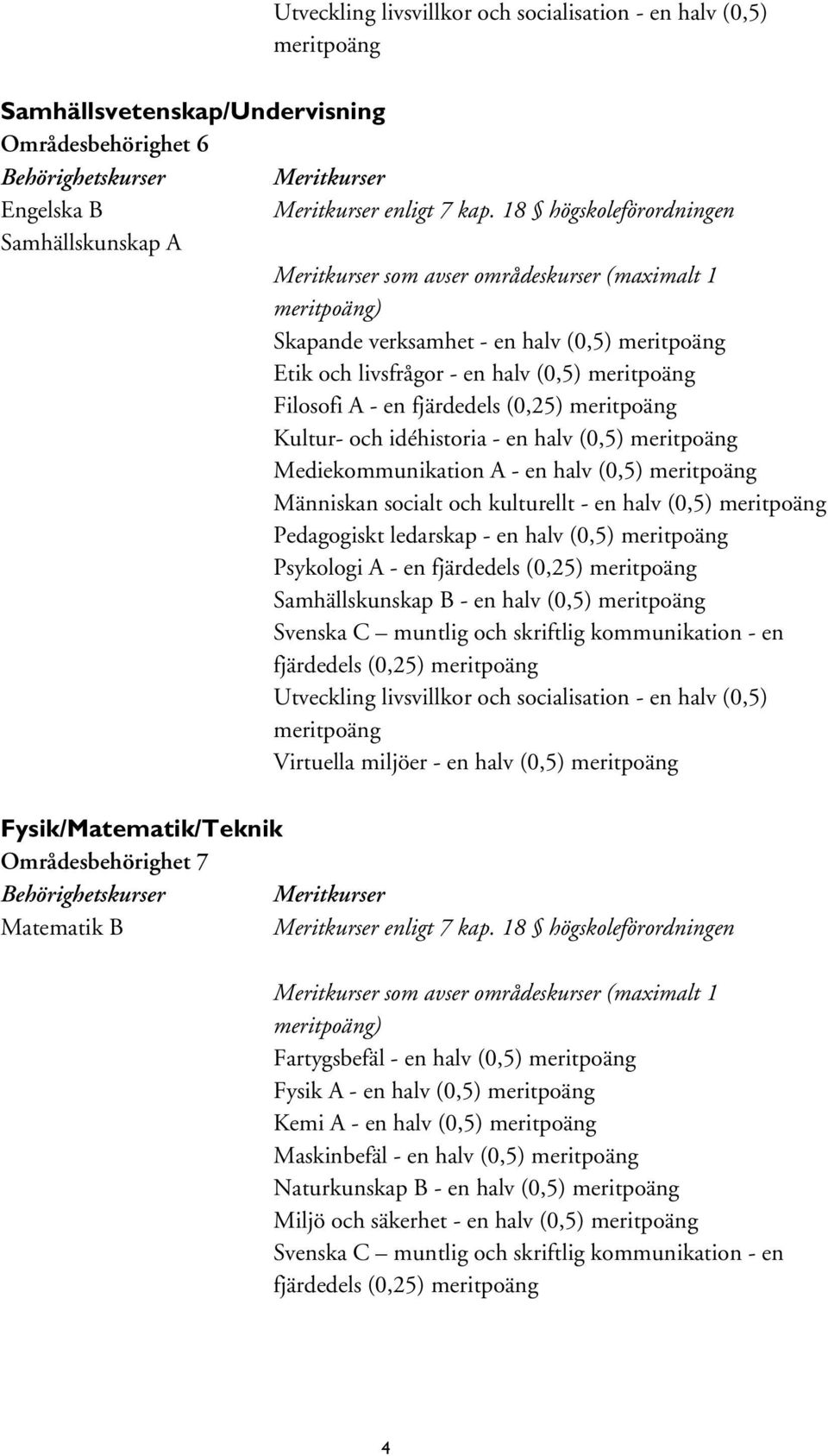 kulturellt - en halv (0,5) meritpoäng Pedagogiskt ledarskap - en halv (0,5) meritpoäng Psykologi A - en Samhällskunskap B - en halv (0,5) meritpoäng Utveckling livsvillkor och socialisation - en halv