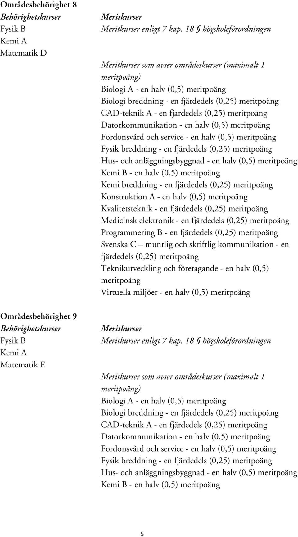 B - en halv (0,5) meritpoäng Kemi breddning - en Konstruktion A - en halv (0,5) meritpoäng Kvalitetsteknik - en Medicinsk elektronik - en Programmering B - en Teknikutveckling och företagande - en