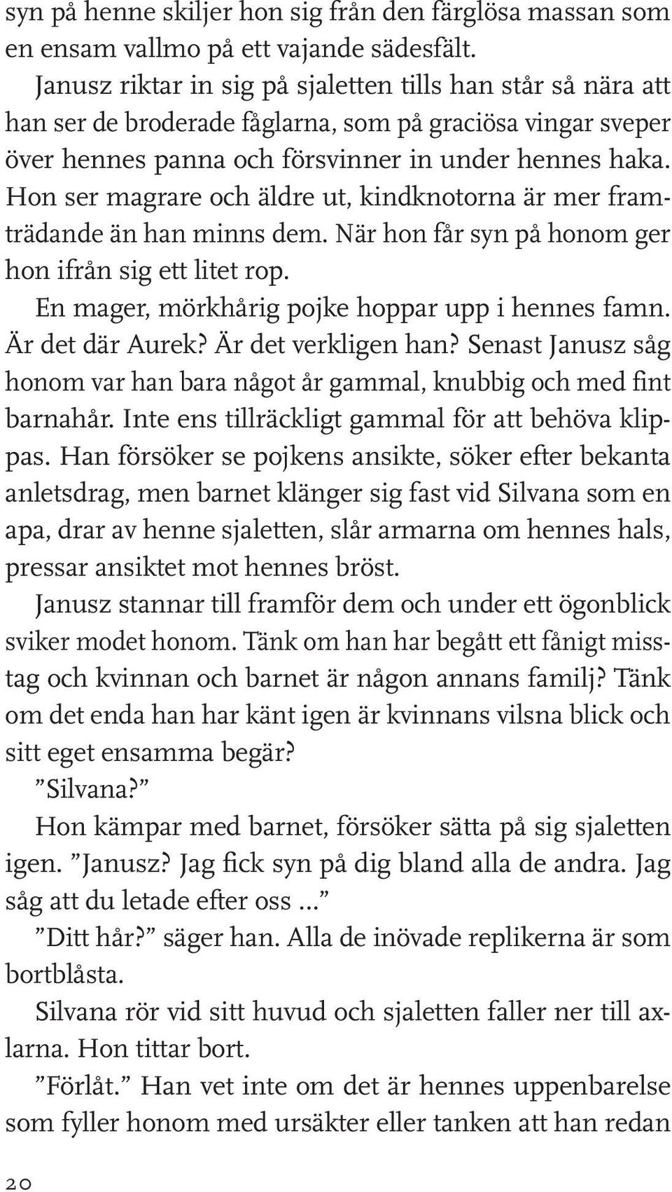 Hon ser magrare och äldre ut, kindknotorna är mer framträdande än han minns dem. När hon får syn på honom ger hon ifrån sig ett litet rop. En mager, mörkhårig pojke hoppar upp i hennes famn.