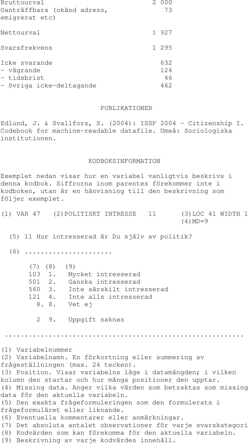 KODBOKSINFORMATION Exemplet nedan visar hur en variabel vanligtvis beskrivs i denna kodbok.