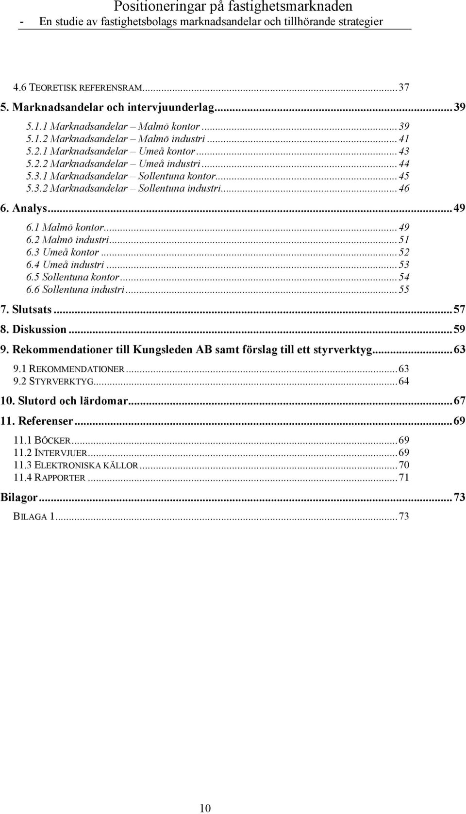 .. 51 6.3 Umeå kontor... 52 6.4 Umeå industri... 53 6.5 Sollentuna kontor... 54 6.6 Sollentuna industri... 55 7. Slutsats... 57 8. Diskussion... 59 9.