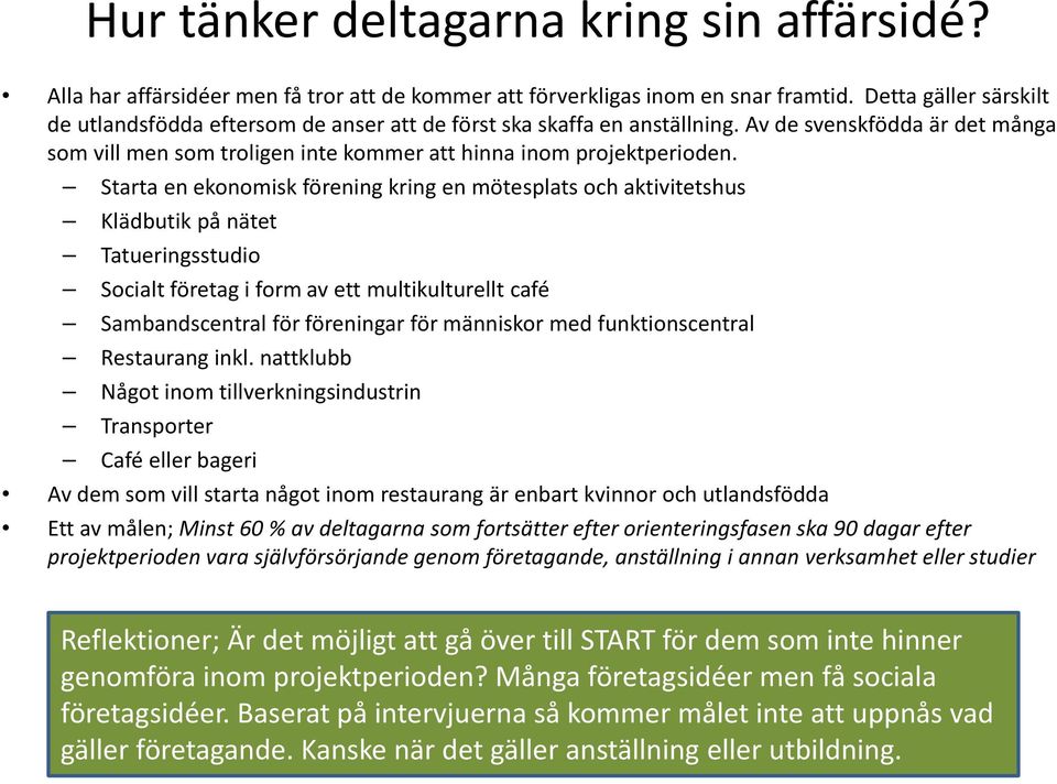 Starta en ekonomisk förening kring en mötesplats och aktivitetshus Klädbutik på nätet Tatueringsstudio Socialt företag i form av ett multikulturellt café Sambandscentral för föreningar för människor