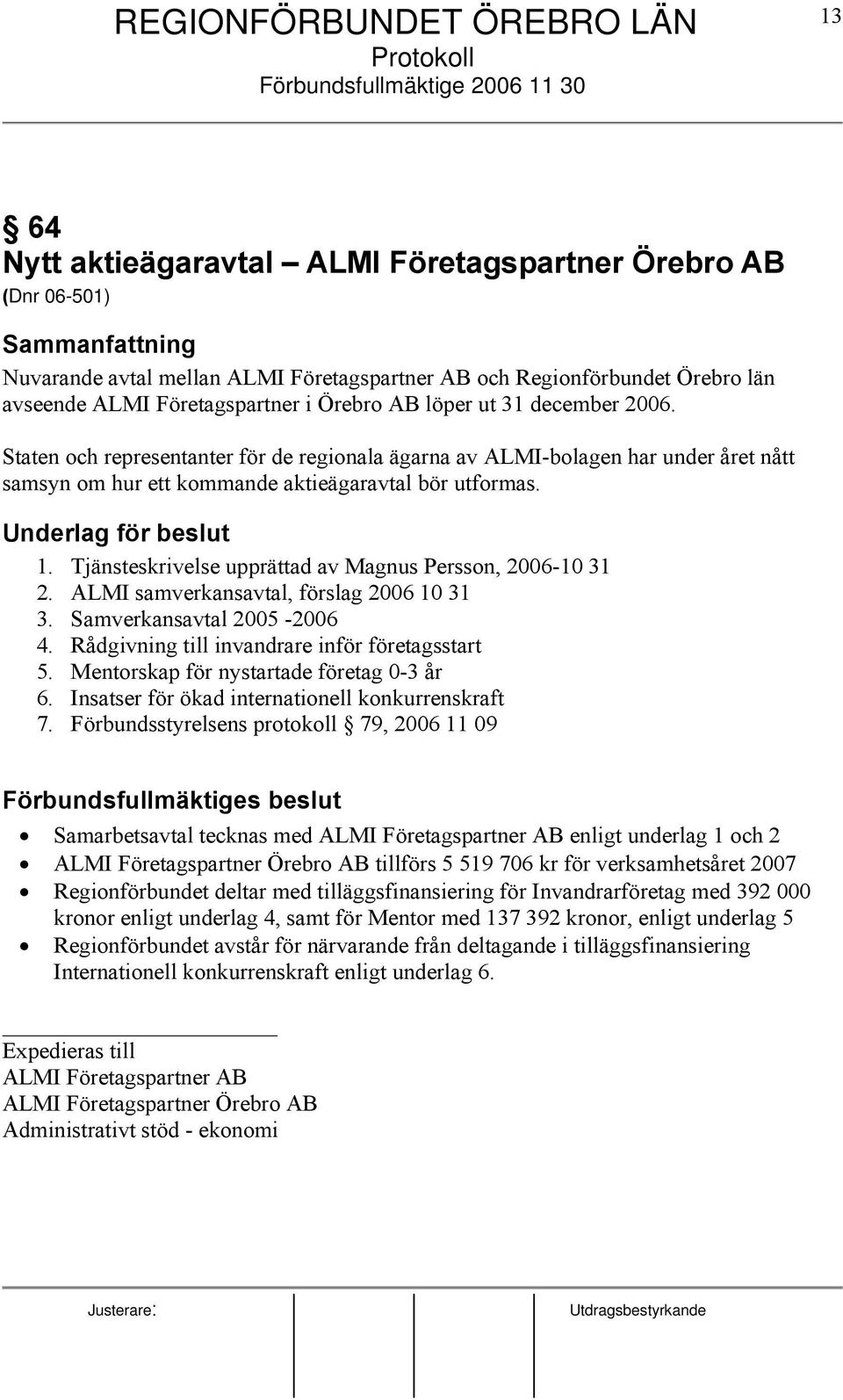 Tjänsteskrivelse upprättad av Magnus Persson, 2006-10 31 2. ALMI samverkansavtal, förslag 2006 10 31 3. Samverkansavtal 2005-2006 4. Rådgivning till invandrare inför företagsstart 5.