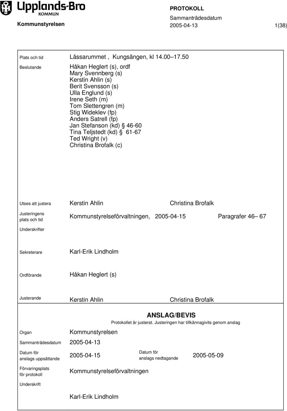 (kd) 46-60 Tina Teljstedt (kd) 61-67 Ted Wright (v) Christina Brofalk (c) Utses att justera Kerstin Ahlin Christina Brofalk Justeringens plats och tid Kommunstyrelseförvaltningen, 2005-04-15