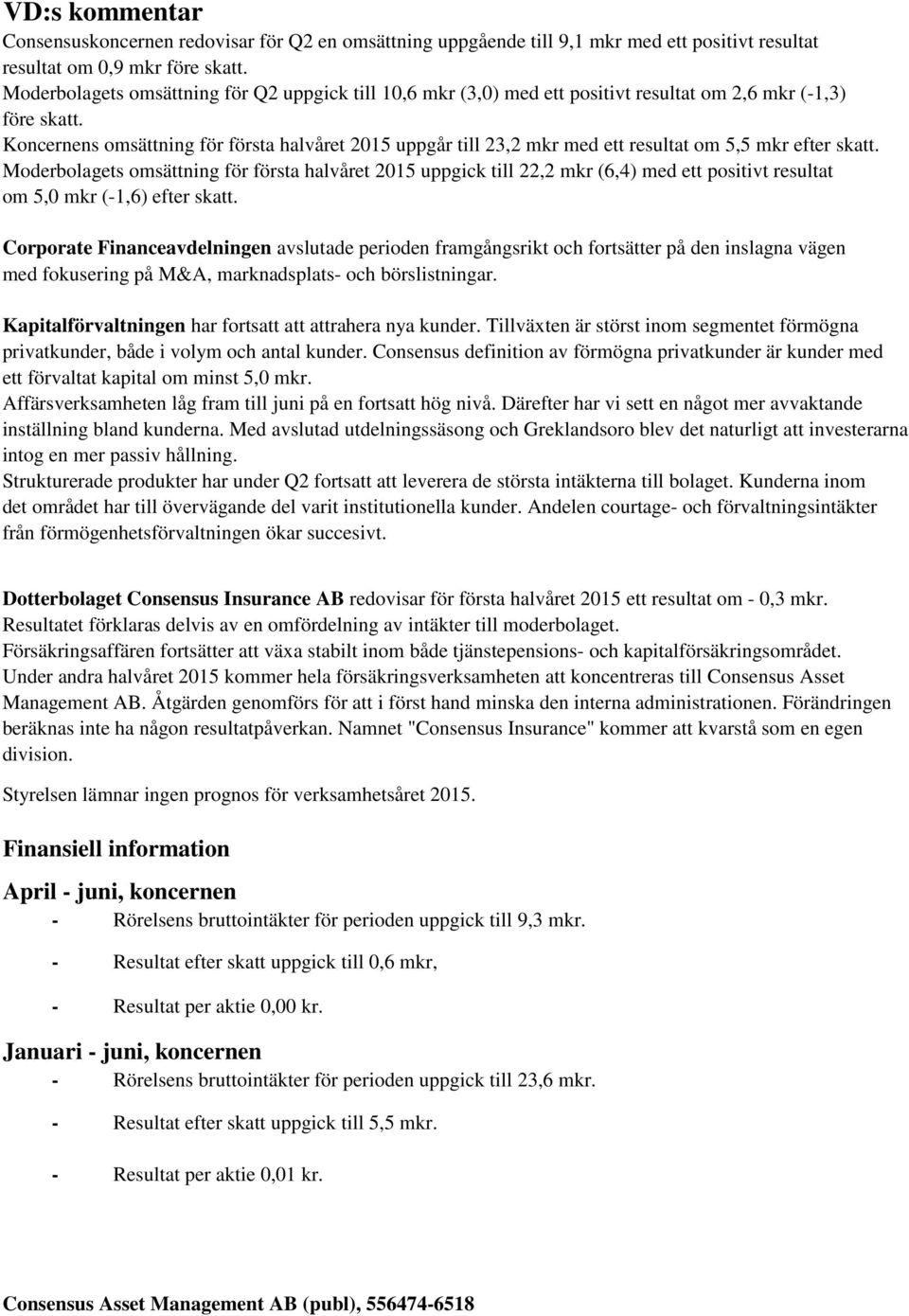 Koncernens omsättning för första halvåret 2015 uppgår till 23,2 mkr med ett resultat om 5,5 mkr efter skatt.