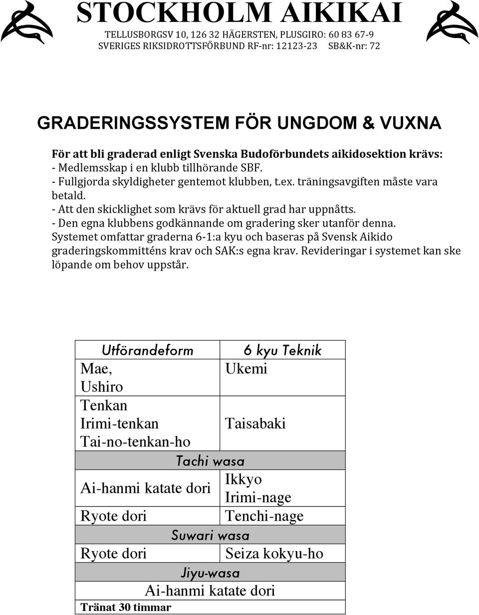 - Att den skicklighet som krävs för aktuell grad har uppnåtts. - Den egna klubbens godkännande om gradering sker utanför denna.