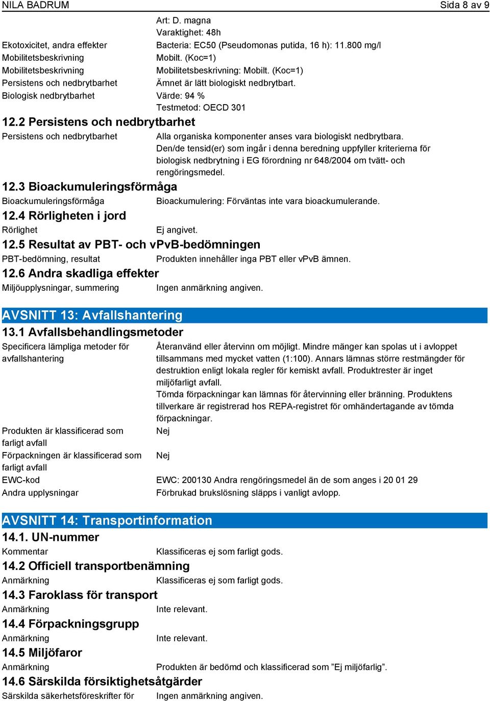 2 Persistens och nedbrytbarhet Persistens och nedbrytbarhet Alla organiska komponenter anses vara biologiskt nedbrytbara.