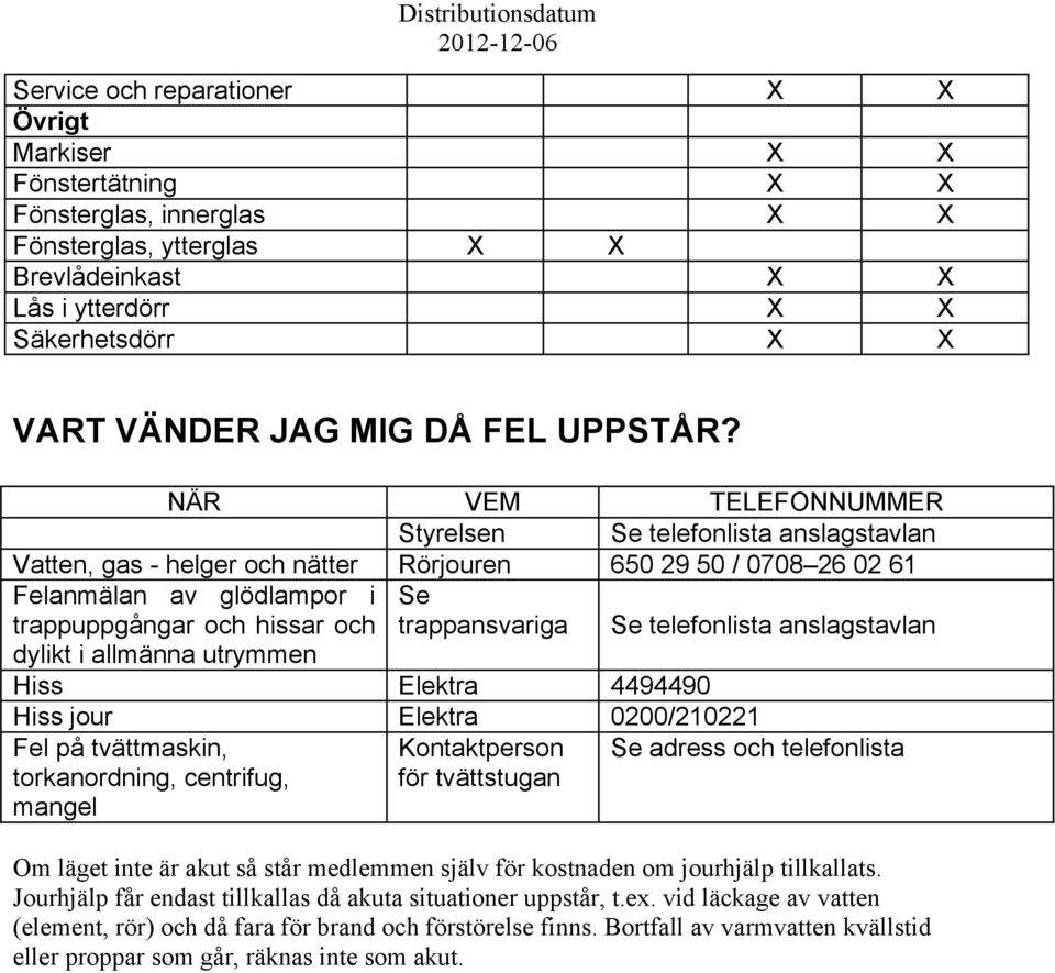 NÄR VEM TELEFONNUMMER Styrelsen Se telefonlista anslagstavlan Vatten, gas - helger och nätter Rörjouren 650 29 50 / 0708 26 02 61 Felanmälan av glödlampor i trappuppgångar och hissar och Se