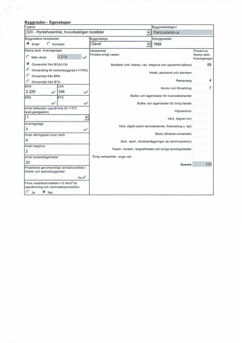 trapphus och uppvärmd källare) 89 r Omvandling för kontorsbyggnad (>=75%) r Omvandlat från BRA Hotell, pensionat och elevhem r Omvandlat från STA Restaurang 4 BOA LOA 2229 m' 346 m' BRA BTA Antal