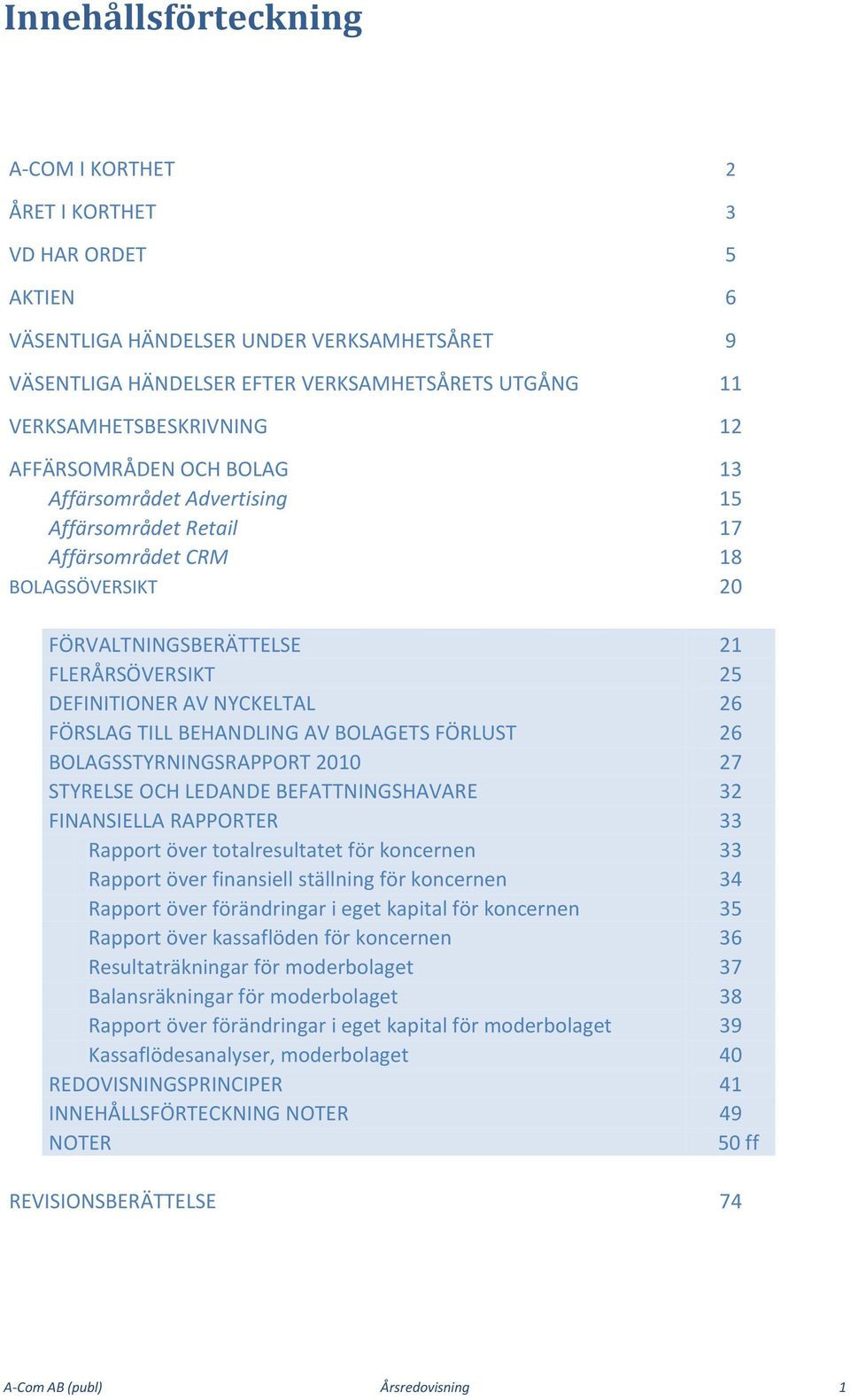 DEFINITIONER AV NYCKELTAL 26 FÖRSLAG TILL BEHANDLING AV BOLAGETS FÖRLUST 26 BOLAGSSTYRNINGSRAPPORT 2010 27 STYRELSE OCH LEDANDE BEFATTNINGSHAVARE 32 FINANSIELLA RAPPORTER 33 Rapport över