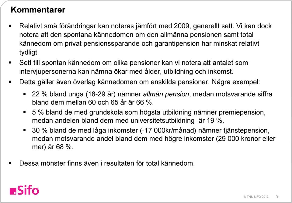 Sett till spontan kännedom om olika pensioner kan vi notera att antalet som intervjupersonerna kan nämna ökar med ålder, utbildning och inkomst.