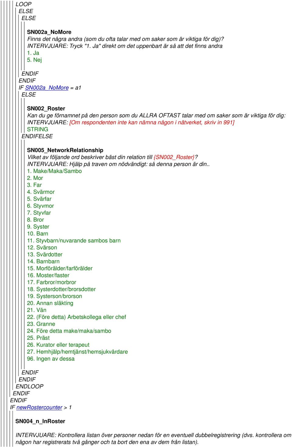 för dig: INTERVJUARE: [Om respondenten inte kan nämna någon i nätverket, skriv in 991] STRING ELSE SN005_NetworkRelationship Vilket av följande ord beskriver bäst din relation till {SN002_Roster}?