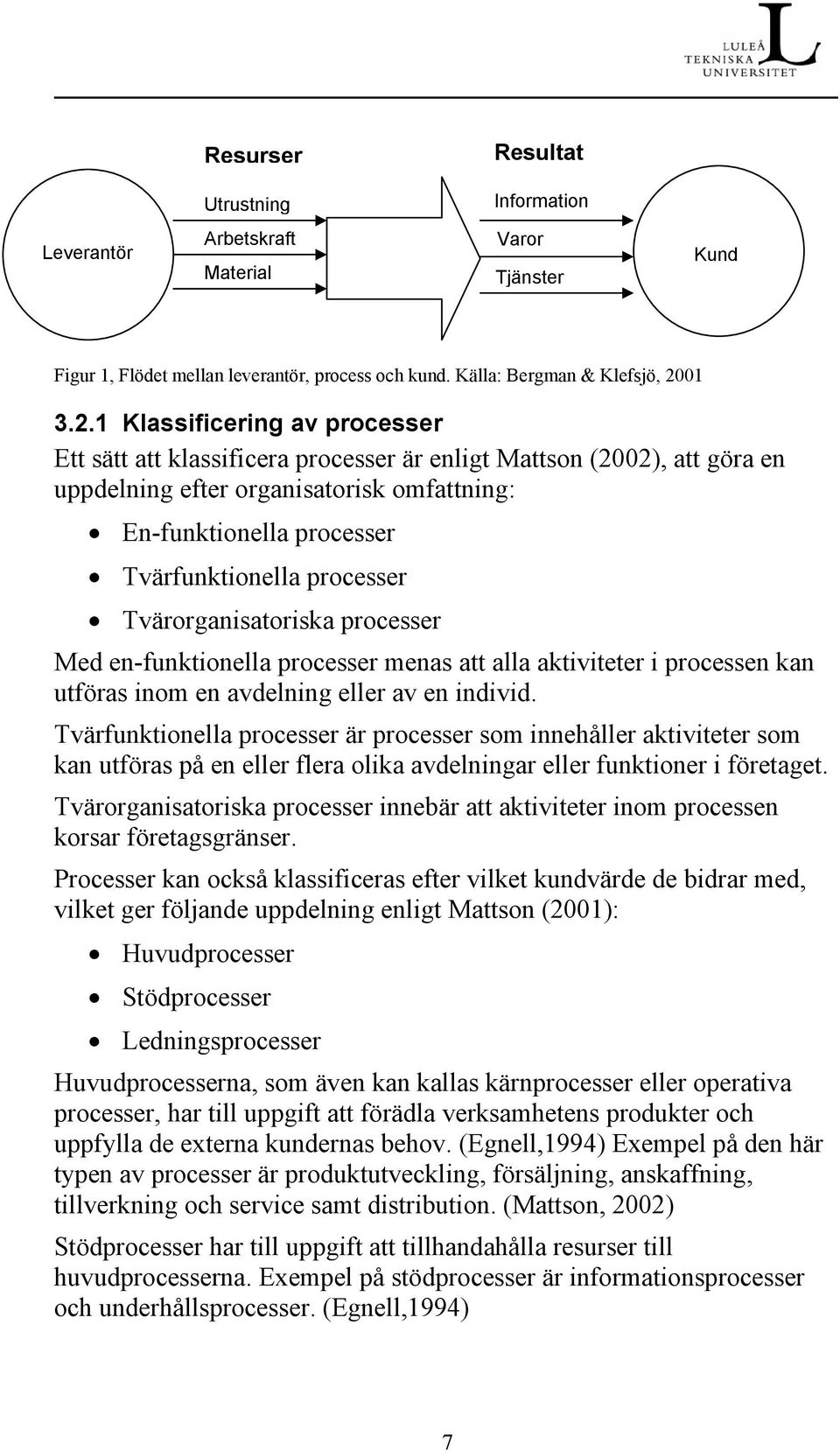 1 Klassificering av processer Ett sätt att klassificera processer är enligt Mattson (2002), att göra en uppdelning efter organisatorisk omfattning: En-funktionella processer Tvärfunktionella