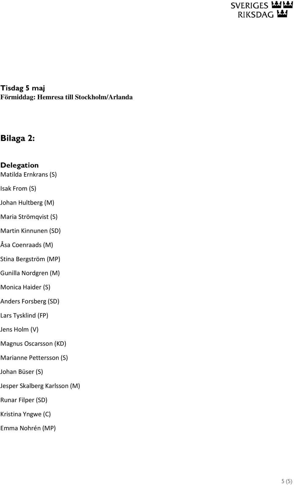 Nordgren (M) Monica Haider (S) Anders Forsberg (SD) Lars Tysklind (FP) Jens Holm (V) Magnus Oscarsson (KD)