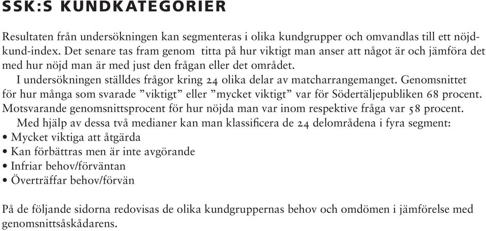 I undersökningen ställdes frågor kring olika delar av matcharrangemanget. Genomsnittet för hur många som svarade viktigt eller mycket viktigt var för Södertäljepubliken 6 procent.