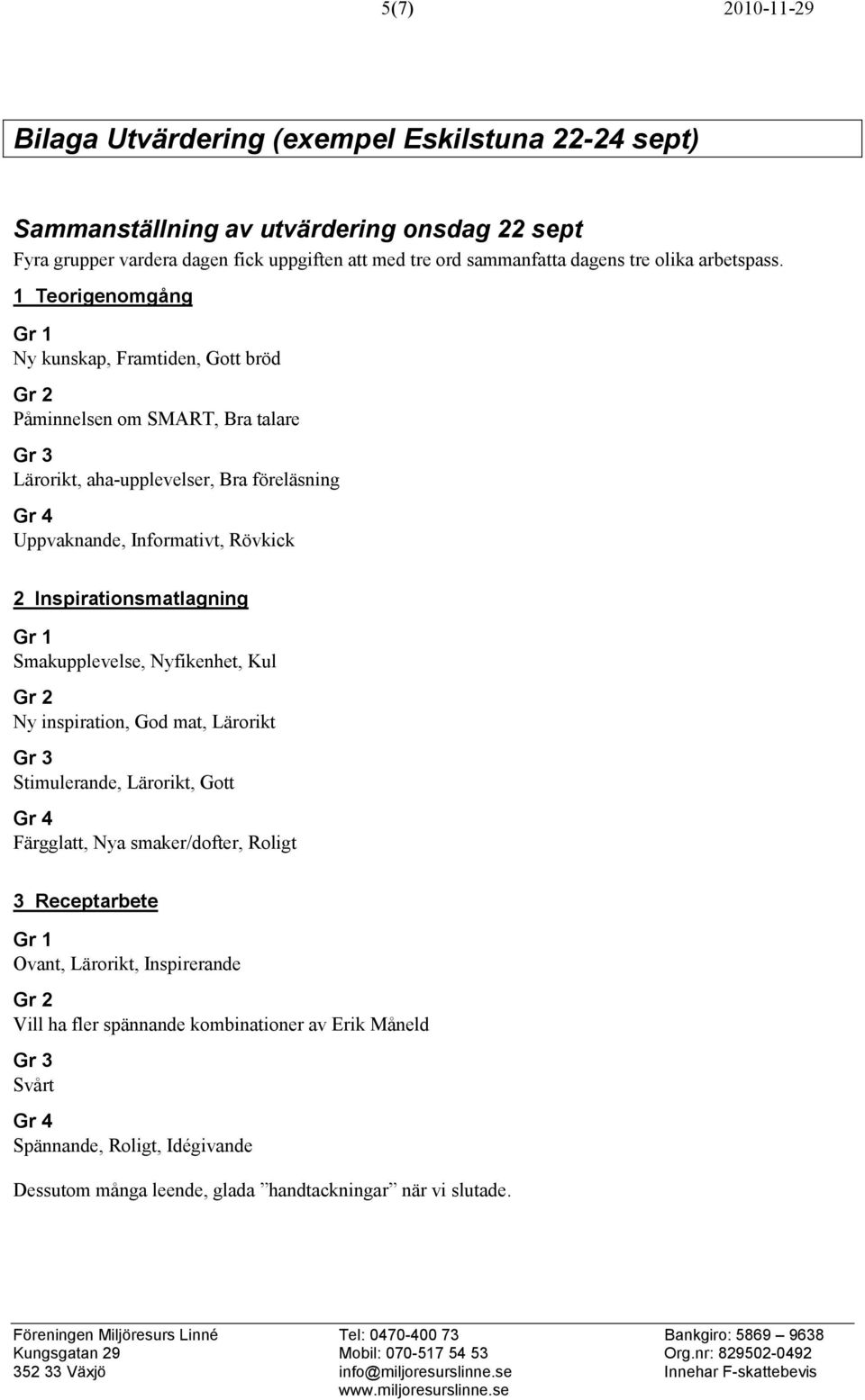 1 Teorigenomgång Ny kunskap, Framtiden, Gott bröd Påminnelsen om SMART, Bra talare Lärorikt, aha-upplevelser, Bra föreläsning Uppvaknande, Informativt, Rövkick 2