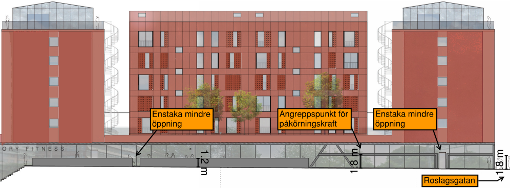 horisontellt orienterad stålbalk i anslutning till fasad.