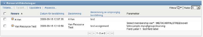 Listan med resurser visas. Om du inte är i hanteringsläge är de resurstilldelningar som visas de som du är mottagare för.