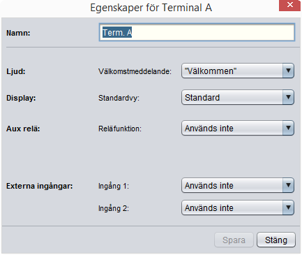 Flik Terminaler (Dörrar) Här kan namn och ljudfunktioner ställas in för anslutna läsare. (Terminal A=In, Terminal B= Ut).