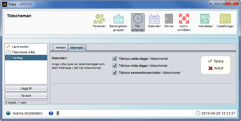 I tidschemat, under fliken alternativ, anger du vilka typer av kalenderdagar som skall tillämpas i tidsschemat. T.ex. Udda dagar, Röda dagar eller Semesterdagar.