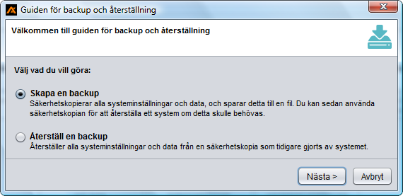 Backup (Säkerhetkopia) Röd flagga kommer att visas med meddelande om att systemet bör säkerhetskopieras. Klicka på flaggan och du får upp guiden för backup och återställning.