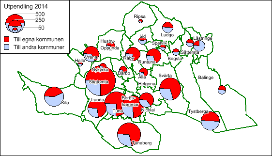 1. Pendling på kommundelsnivå 1.1 Utpendling 214 Karta 2. Antal utpendlare från Nyköpings stadsdelar I Nyköpings tätort är utpendlingen störst från de områden som har flest invånare.