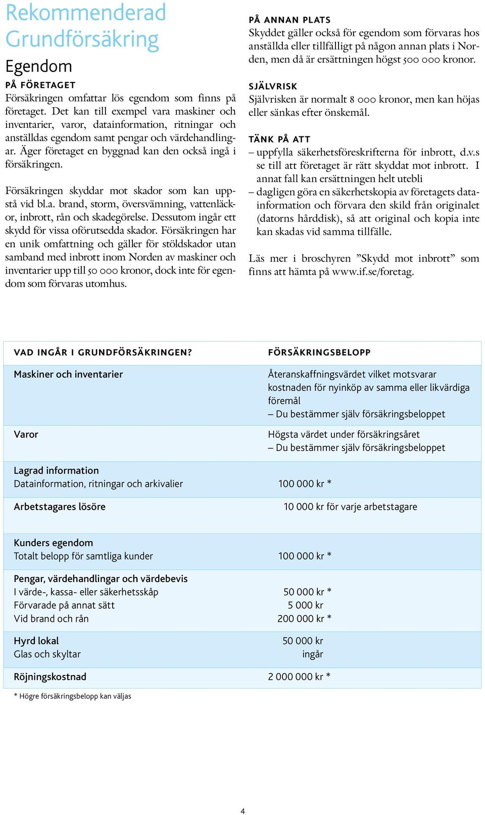 Äger företaget en byggnad kan den också ingå i försäkringen. Försäkringen skyddar mot skador som kan uppstå vid bl.a. brand, storm, översvämning, vattenläckor, inbrott, rån och skadegörelse.