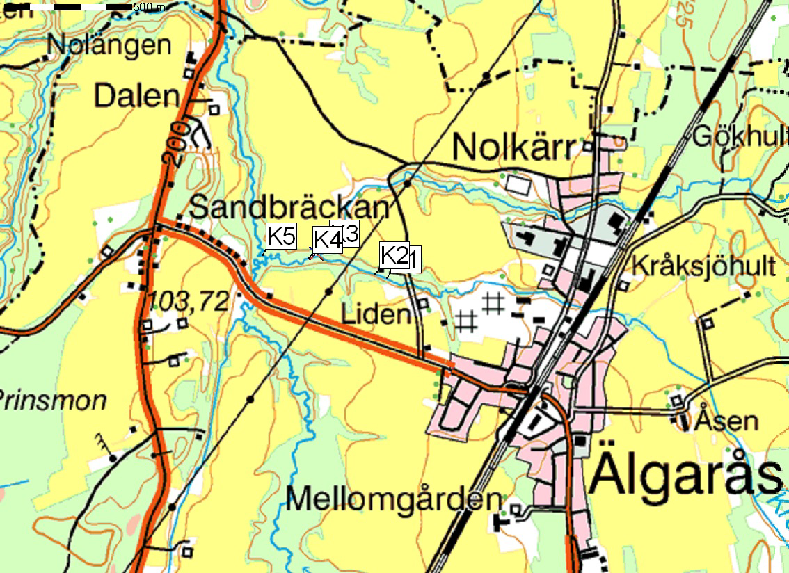 GULLSPÅNGSÄLVEN 2008 ALcontrol Bilaga 9 Specialundersökning Provtagningspunkter i Krokabäcken vid 2008 års specialundersökning. Utsläppet från Älgarås reningsverk sker mellan K1 och K2.