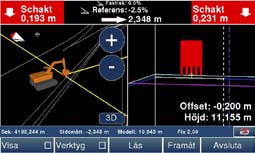 S Y S T E M Grävsystem 3D: Översikt Skopans aktuella tvärfall samt modellens lutning. Symbolen till vänster visar åt vilket håll det lutar. Avstånd till guidelinje.