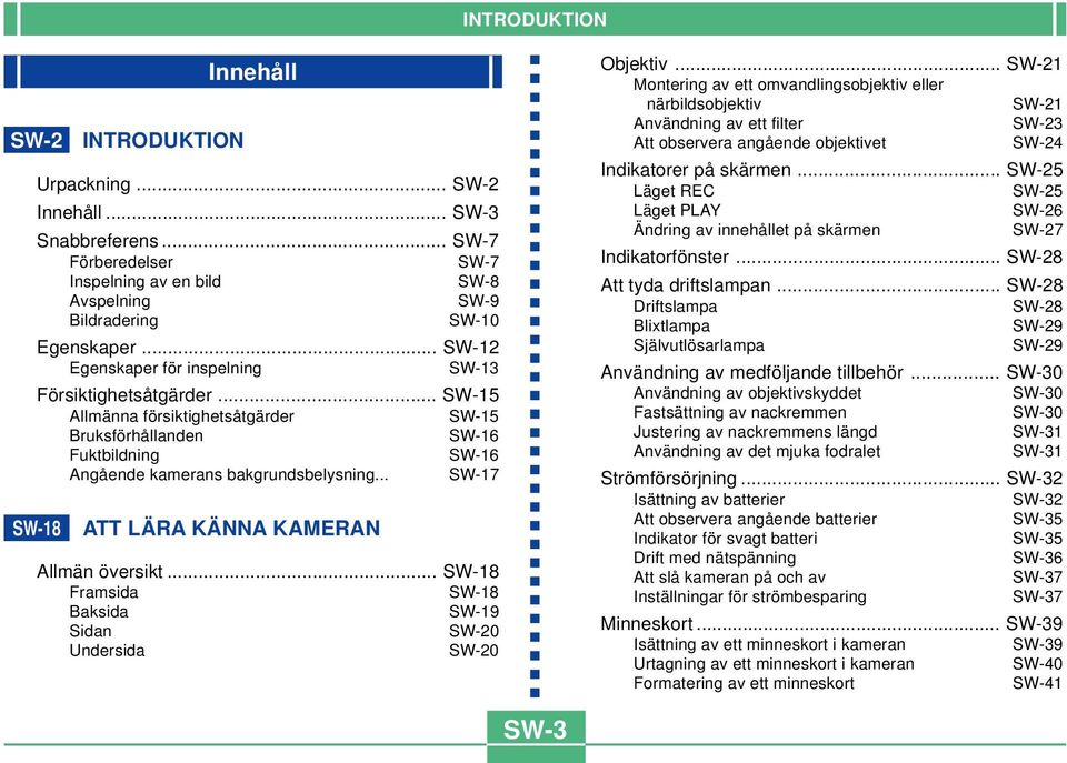 .. SW-17 SW-18 ATT LÄRA KÄNNA KAMERAN Allmän översikt... SW-18 Framsida SW-18 Baksida SW-19 Sidan SW-20 Undersida SW-20 Objektiv.