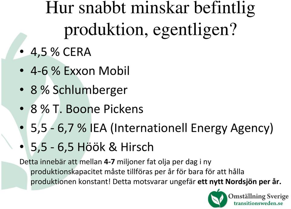 Boone Pickens 5,5-6,7 % IEA (Internationell Energy Agency) 5,5-6,5 Höök & Hirsch Detta innebär