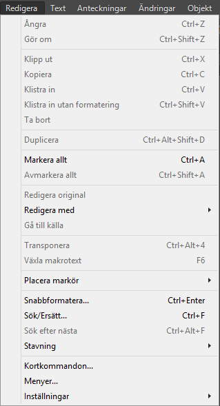 Sök/ersätt I InCopy kan du söka efter och ersätta text. 1. Gör så här: 1. Gå till Redigera-menyn 2. Välj Sök/Ersätt. 3.