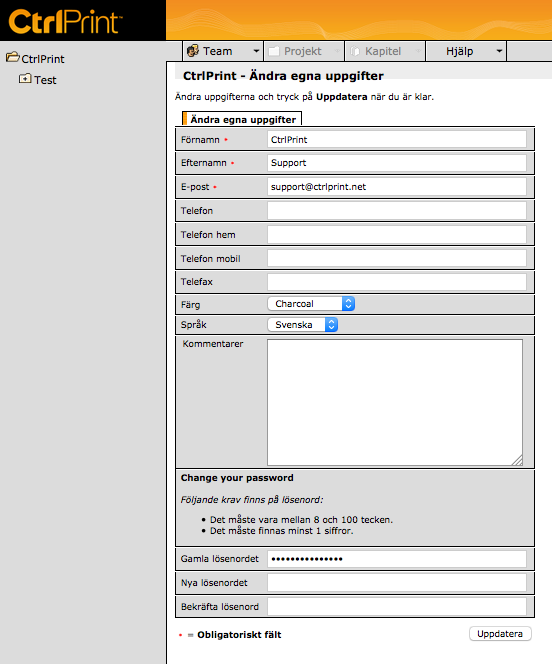 Byta lösenord 1. 2. 1. Logga in på CtrlPrint och välj ditt företag. 2. Klicka på menyn Team och välj Ändra egna uppgifter.