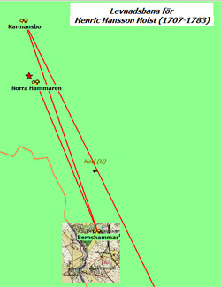 Delar av levnadsbanan för Hammarsmedmästaren Henric Hansson Holst ser ut som framgår av bilden till vänster. Han föddes vid Norra Hammaren i Heds socken 1707.