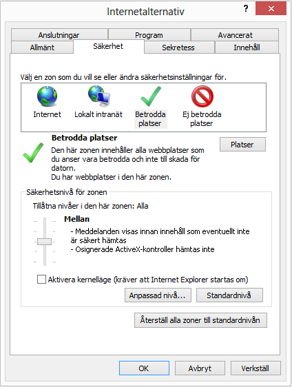 2. Om säkerhetsnivån är inställd på någon annan nivå, ändra till Mellan med hjälp av indikatorn till vänster i rutan Säkerhetsnivå för zonen. 3.