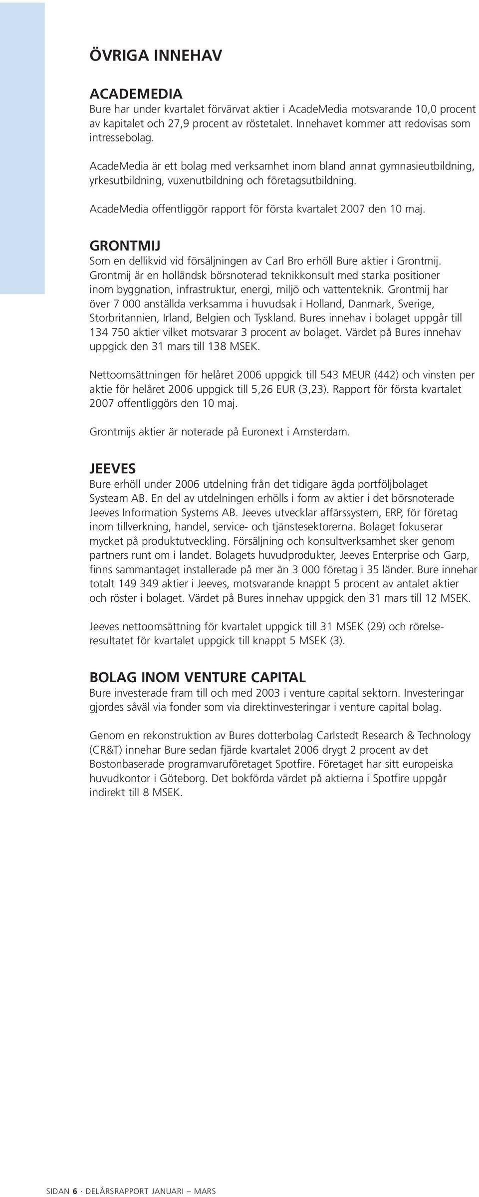 AcadeMedia offentliggör rapport för första kvartalet 2007 den 10 maj. GRONTMIJ Som en dellikvid vid försäljningen av Carl Bro erhöll Bure aktier i Grontmij.