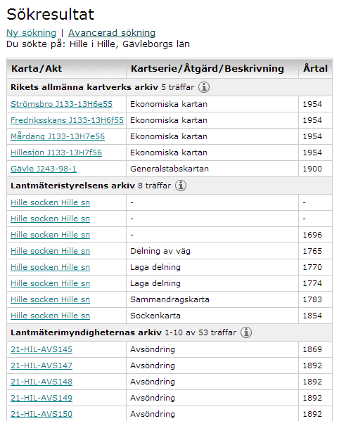 10 av 17 3 Sökresultat Vid Sökning via kartan presenteras resultatet från alla tre arkiven i en träfflista.