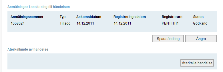 5.1.2 Utmönstringsanmälan Händelsedatum och tid Utmönstringssätt Köparens slag och signum Destruktionssätt Exportland Hela händelsen kan ångras genom att man trycker på knappen Återkalla händelse vid