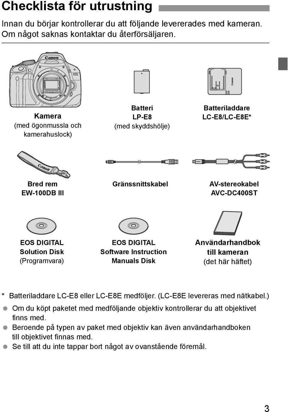 Dis (Programvara) EOS DIGITAL Software Instruction Manuals Dis Användarhandbo till ameran (det här häftet) * Batteriladdare LC-E8 eller LC-E8E medföljer. (LC-E8E levereras med nätabel.