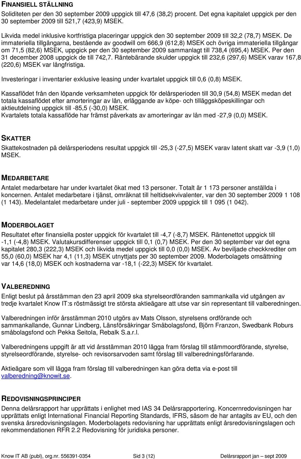 De immateriella tillgångarna, bestående av goodwill om 666,9 (612,8) MSEK och övriga immateriella tillgångar om 71,5 (82,6) MSEK, uppgick per den 30 september 2009 sammanlagt till 738,4 (695,4) MSEK.