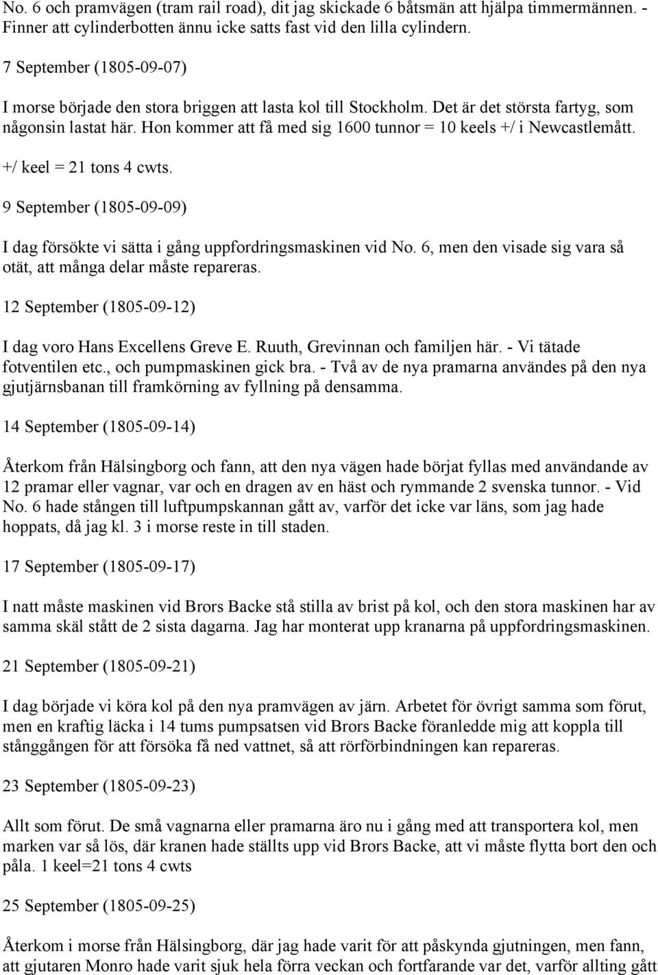 Hon kommer att få med sig 1600 tunnor = 10 keels +/ i Newcastlemått. +/ keel = 21 tons 4 cwts. 9 September (1805-09-09) I dag försökte vi sätta i gång uppfordringsmaskinen vid No.