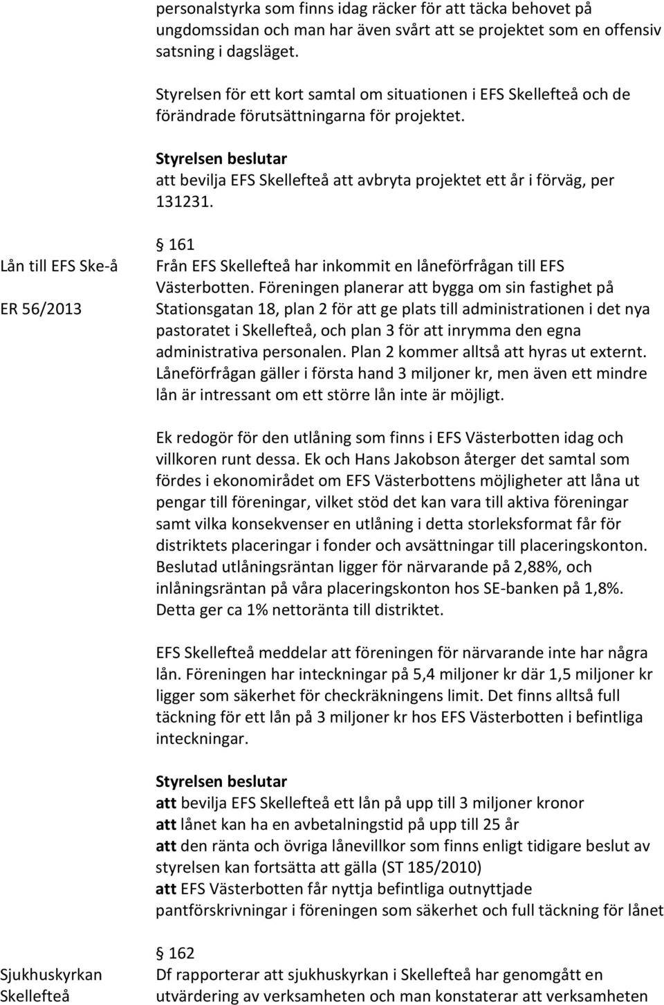 Lån till EFS Ske-å ER 56/2013 161 Från EFS Skellefteå har inkommit en låneförfrågan till EFS Västerbotten.