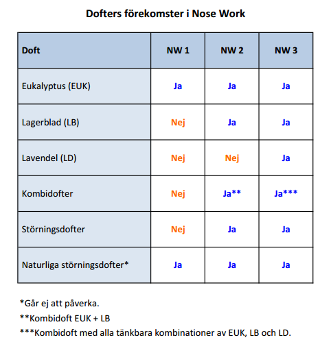 14. TÄVLINGSKLASSER Nose Work delas in i tre tävlingsklasser med ökande svårighetsgrad: NW1, NW2 och NW3. Varje klass består av fyra olika moment: behållarsök, inomhussök, utomhussök och fordonssök.